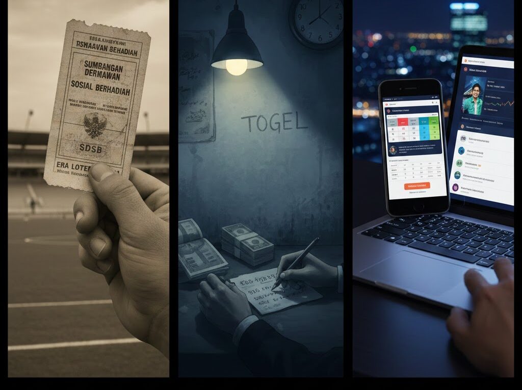 Kolase Sejarah Toto Indonesia: Tiga era yang mencakup tiket SDSB lotere resmi, operasi Togel gelap di ruang remang, dan judi online di layar smartphone.
