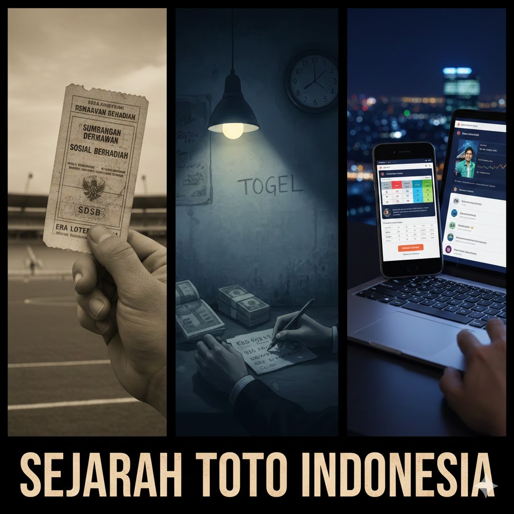 Kolase Sejarah Toto Indonesia: Tiga era yang mencakup tiket SDSB lotere resmi, operasi Togel gelap di ruang remang, dan judi online di layar smartphone.