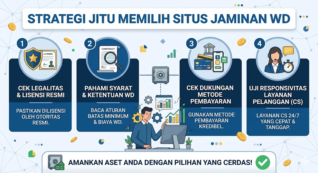 Infografis berjudul "STRATEGI JITU MEMILIH SITUS JAMINAN WD". Menampilkan ilustrasi seorang pria yang sedang menganalisis grafik keuangan di depan komputer. Terdapat empat langkah strategi utama dalam kotak biru gelap dengan ikon pendukung: 1. Cek Legalitas & Lisensi Resmi, 2. Pahami Syarat & Ketentuan WD, 3. Cek Dukungan Metode Pembayaran, 4. Uji Responsivitas Layanan Pelanggan (CS). Di bagian bawah terdapat spanduk bertuliskan "AMANKAN ASET ANDA DENGAN PILIHAN YANG CERDAS!" disertai ikon brankas dan tanda centang hijau.